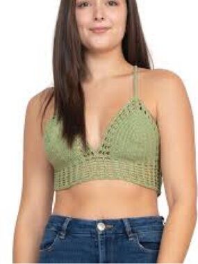 LAKHAYS Olive Green Crochet Bralette Top Concert Festival Boho OS S M Shirt NWT